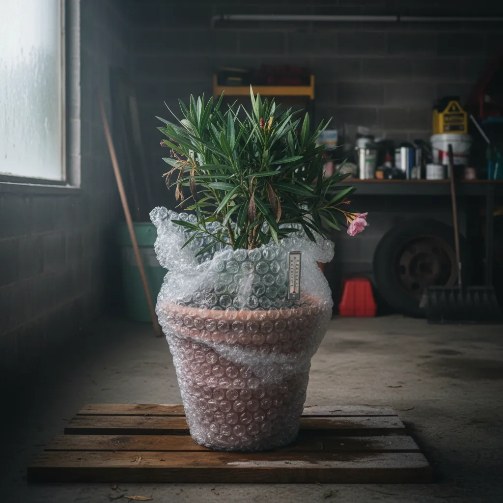 Oleander im Topf mit Luftpolsterfolie isoliert und auf Holzklötzen stehend – optimal geschützt im Winterquartier