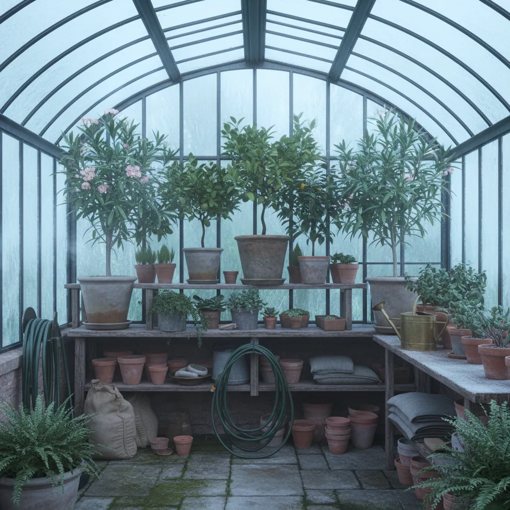 Ideales Winterquartier: Kalter Wintergarten mit mehreren Oleander-Kübeln bei diffusem Licht und optimaler Temperatur