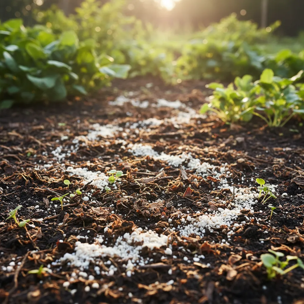 Organischer Dünger aus Kompost und Hornspänen auf dunklem Gartenboden mit Pflanzen im Hintergrund