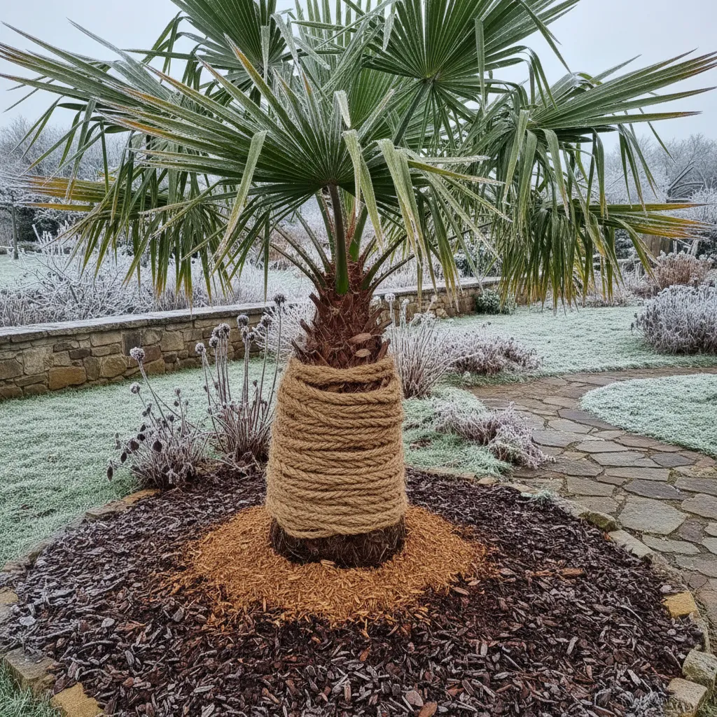 Ausgepflanzte Hanfpalme mit zusammengebundenen Wedeln und Mulchschicht um den Stamm, winterfest gemacht im Garten ohne Topf