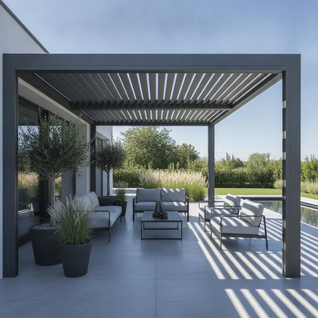 Moderne Pergola mit verstellbaren Lamellen aus Aluminium, flexible Beschattung für die Terrasse