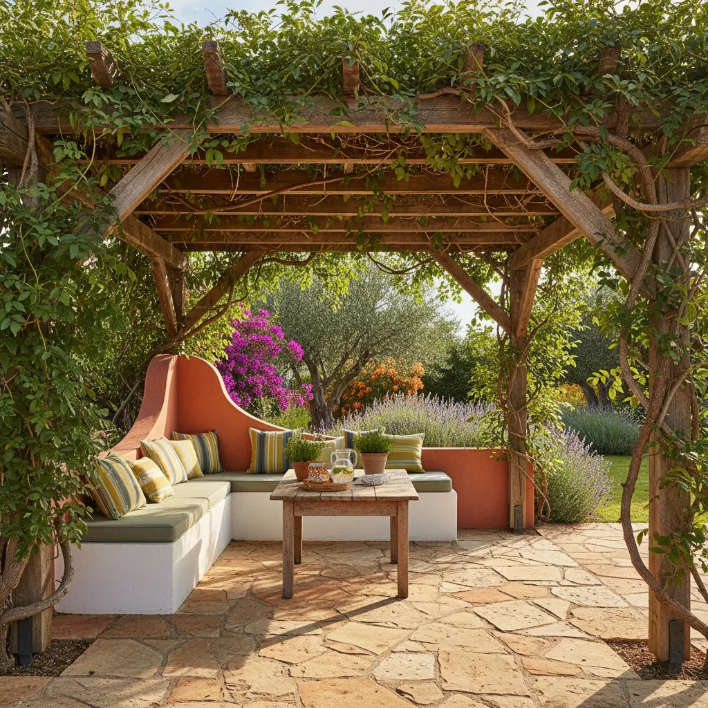 Klassische Pergola aus Holz mit Efeu und Kletterpflanzen für natürliche Begrünung und Beschattung im Garten