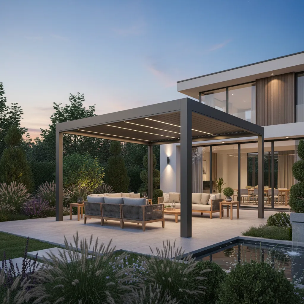 Premium Aluminium-Pergola mit motorisiertem Lamellendach in geschlossener Position, moderne Beleuchtung, hochwertige Gartengestaltung