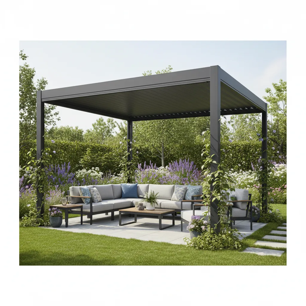 Freistehende Pergola mit geschlossenem Lamellendach aus Aluminium im Garten, vollständige Beschattung, modernes Design in Anthrazit, Sitzbereich darunter