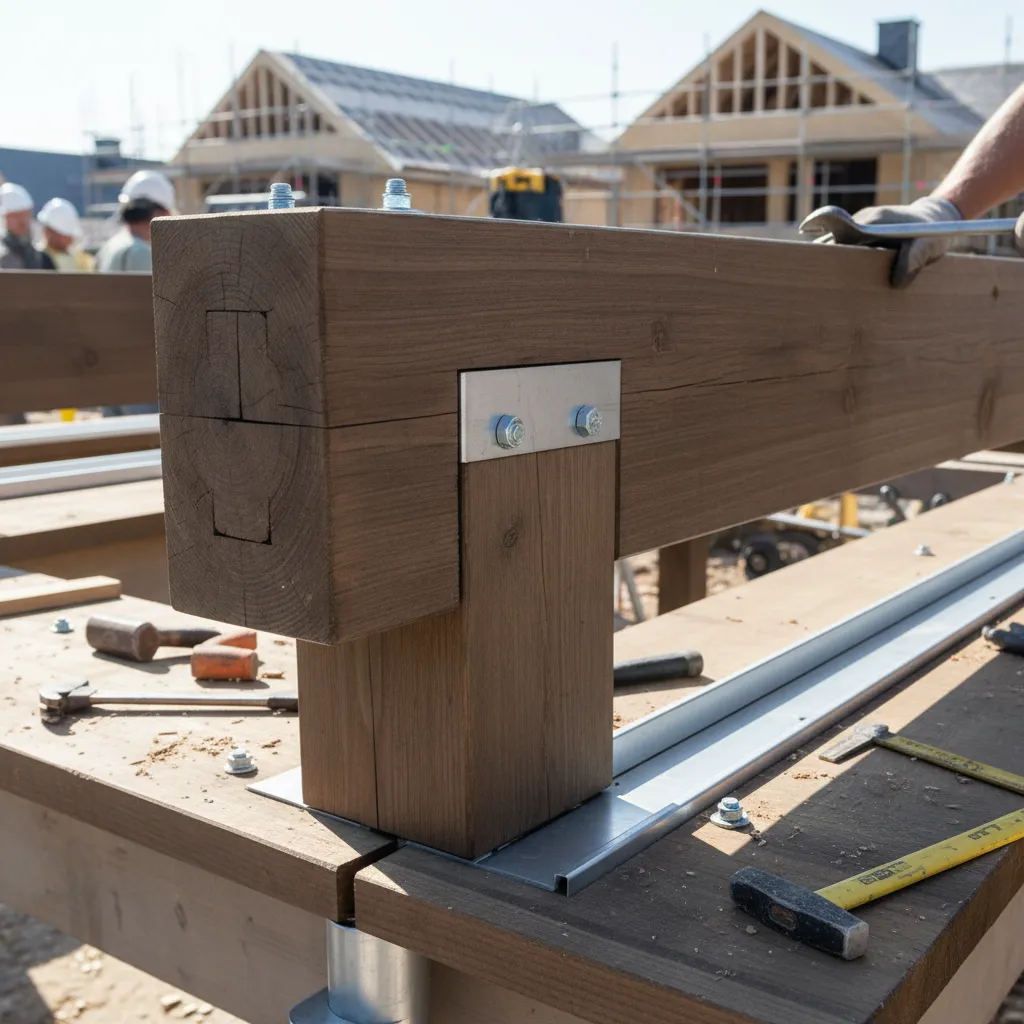 Detailansicht einer Holz-Pergola-Konstruktion mit stabilen Verbindungen und Aluminium-Verstärkungen