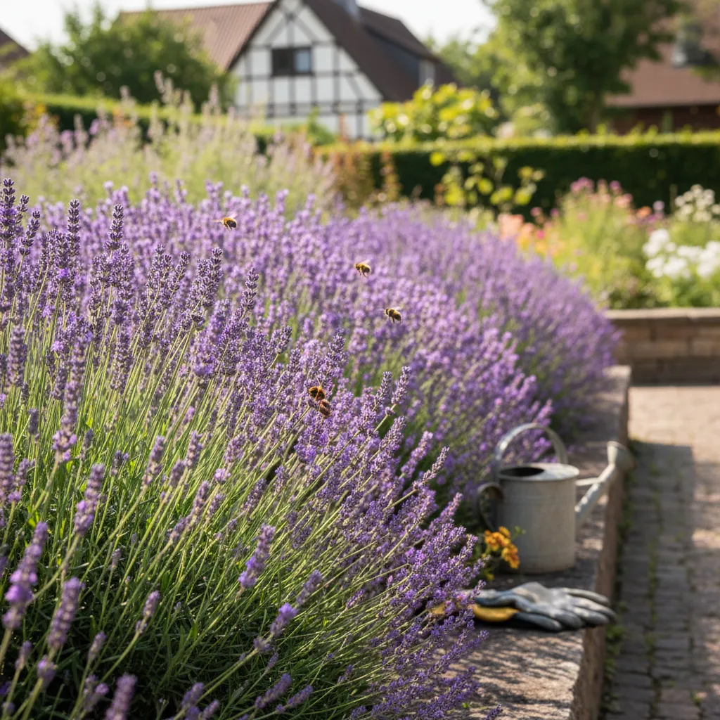 Blühende Lavendel-Beeteinfassung mit violetten Blüten und natürlichem Gartenflair, Bienen im Anflug