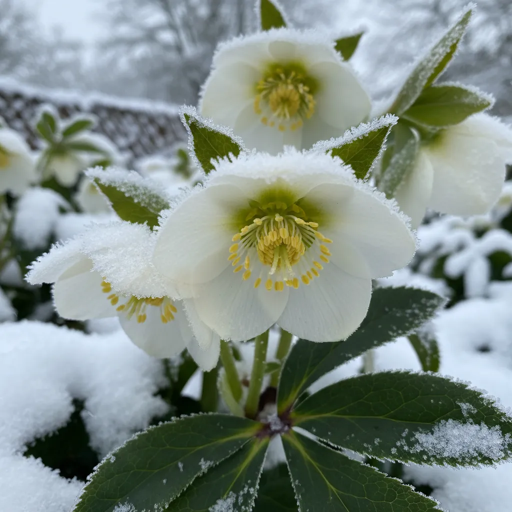 Christrose in voller Blüte während des Winters mit zarten weißen Blüten und Reifbelag, Winterpflanze für den Garten