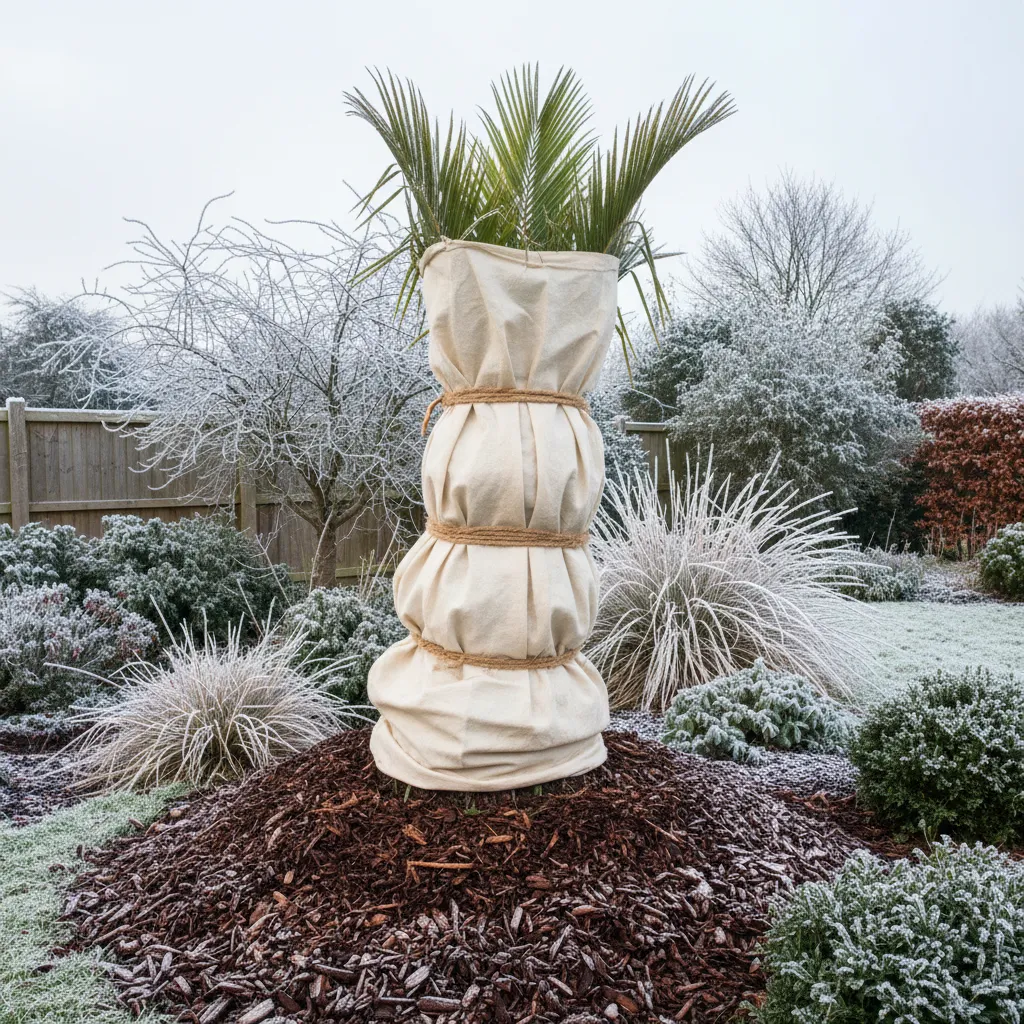 Hanfpalme mit Vlies-Schutzumwicklung und Mulchschicht, Winterschutzmaßnahmen für ausgepflanzte Hanfpalmen im Garten
