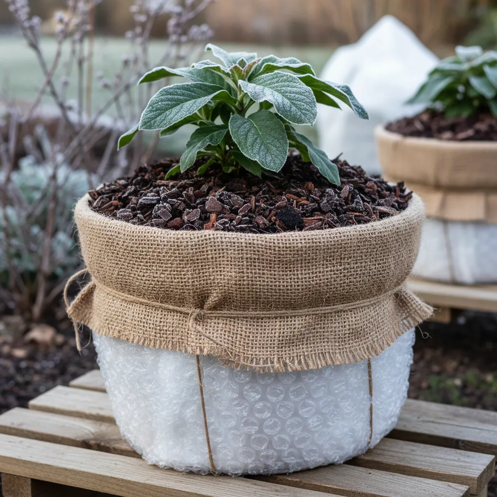 Detailaufnahme einer Kübelpflanze mit Winterschutz: Topf mit Luftpolsterfolie und Jute umwickelt, Mulchschicht darauf, auf Holzscheiten zur Drainage