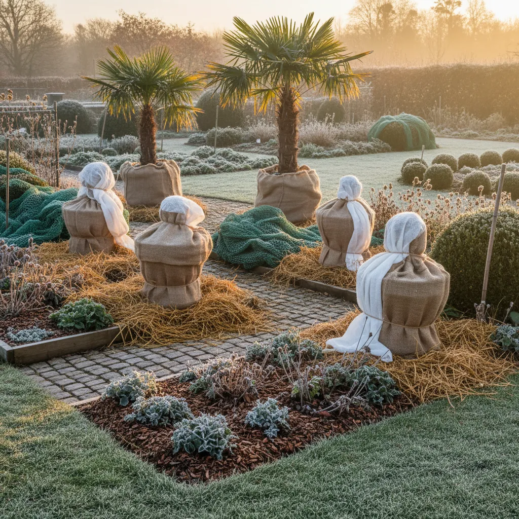 Garten mit verschiedenen Pflanzen beim Winterschutz: in Jute umwickelte Palmen, gemulchte Beete mit Stroh, Schutzmatten bei Koniferen und Raureif