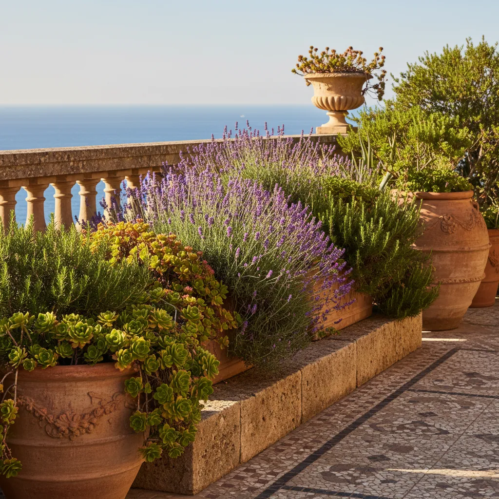 Trockenresistente Pflanzen für sonnige Standorte: Lavendel, Sedum und Rosmarin auf einer sonnigen Terrasse mit wenig Wasserbedarf