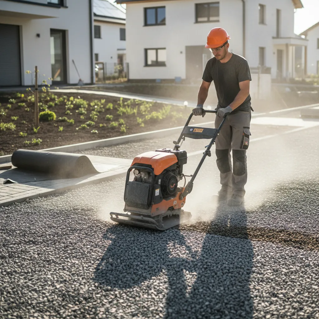 Mann arbeitet mit einer Rüttelplatte zur Verdichtung der Schottertragschicht auf einer Terrassenfläche