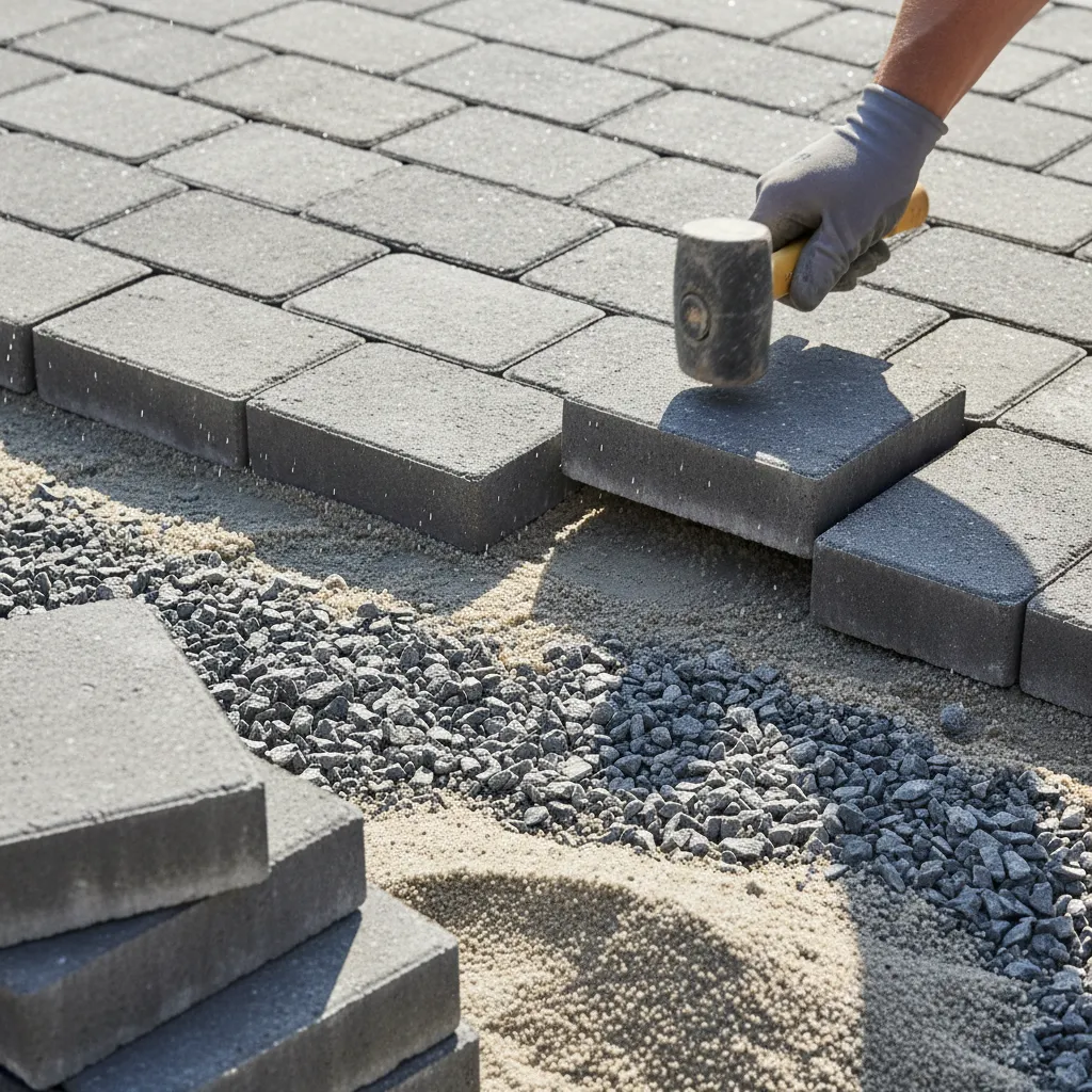 Detailansicht beim Pflaster verlegen: Schotterschicht, Splittschicht und verlegte Betonpflastersteine mit korrektem Unterbau