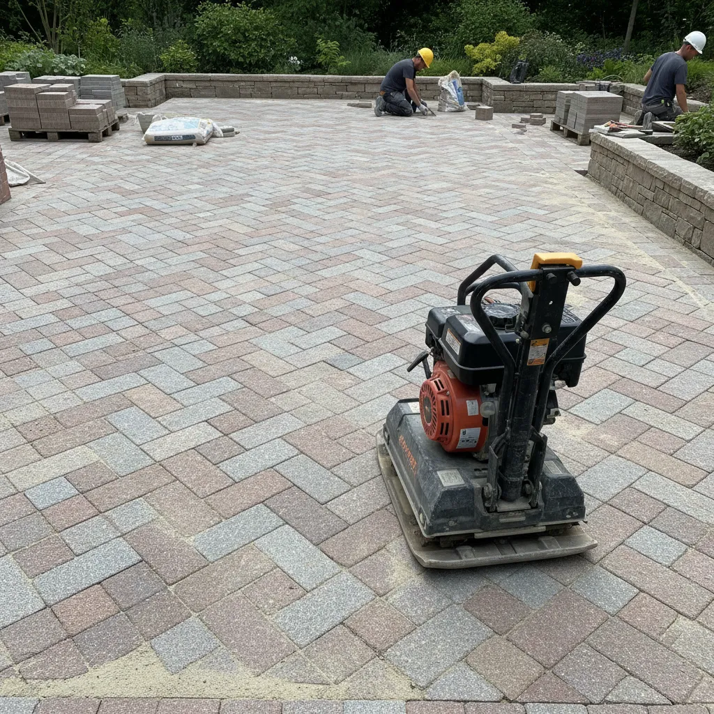 Terrasse mit Natursteinpflaster im Fischgrät-Muster bei der Verlegung, Rüttelplatte und professionelle Verdichtung sichtbar