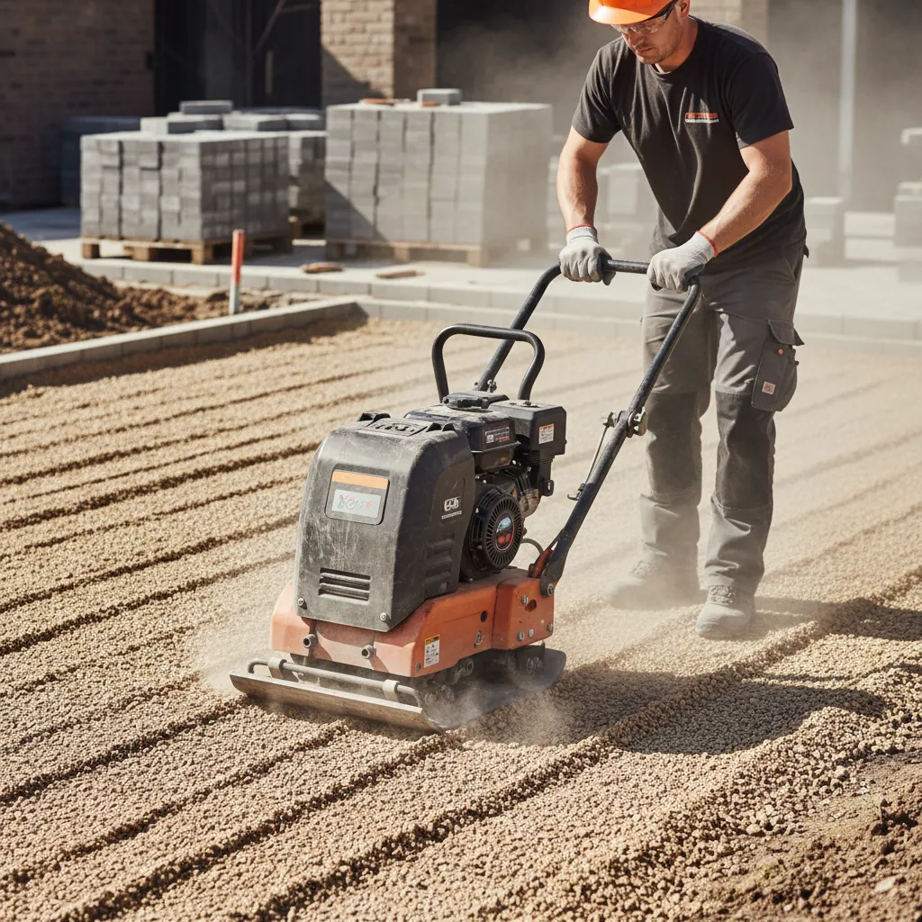 Arbeiter verdichtet mit Rüttelplatte den Schotter-Unterbau für Pflastersteine auf einer Baustelle
