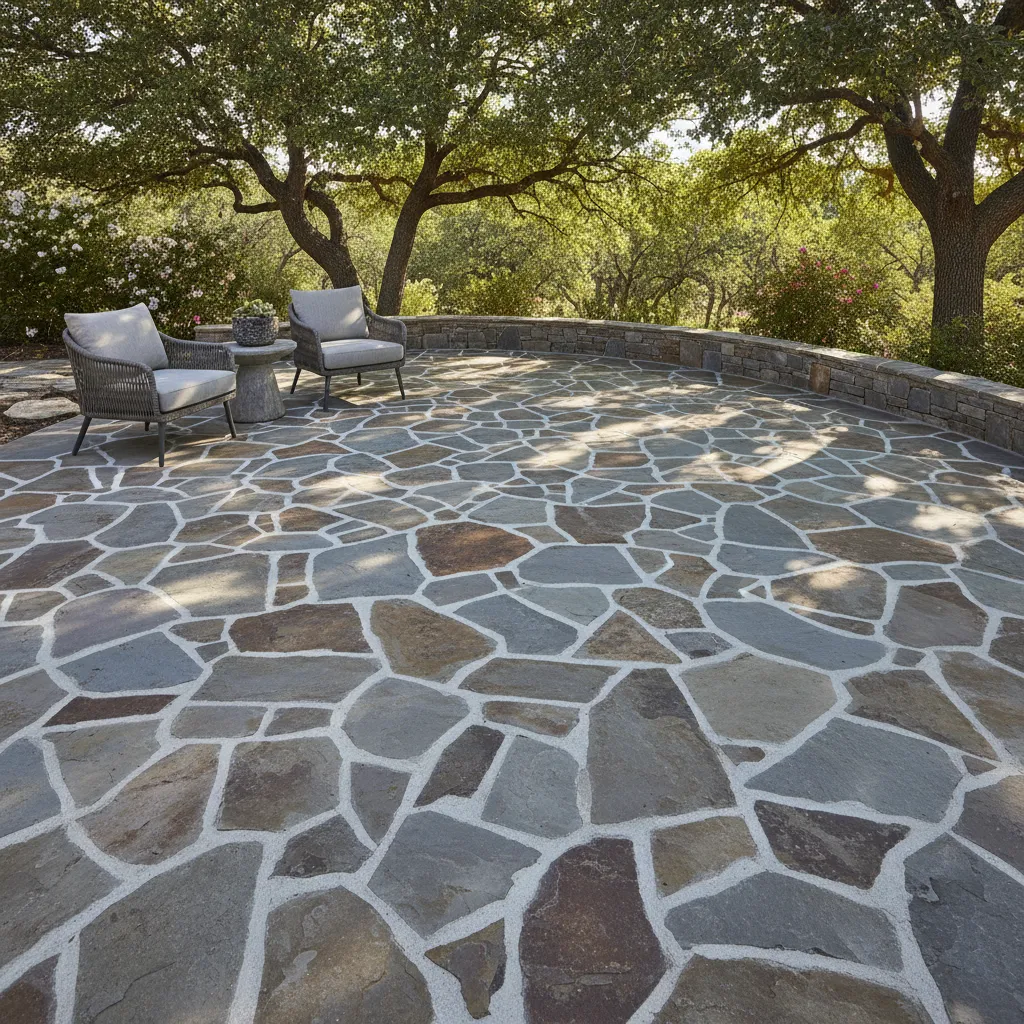 Fertig verlegte und verfugte Terrasse mit Polygonalplatten und sauberen, ebenen Fugen im Garten
