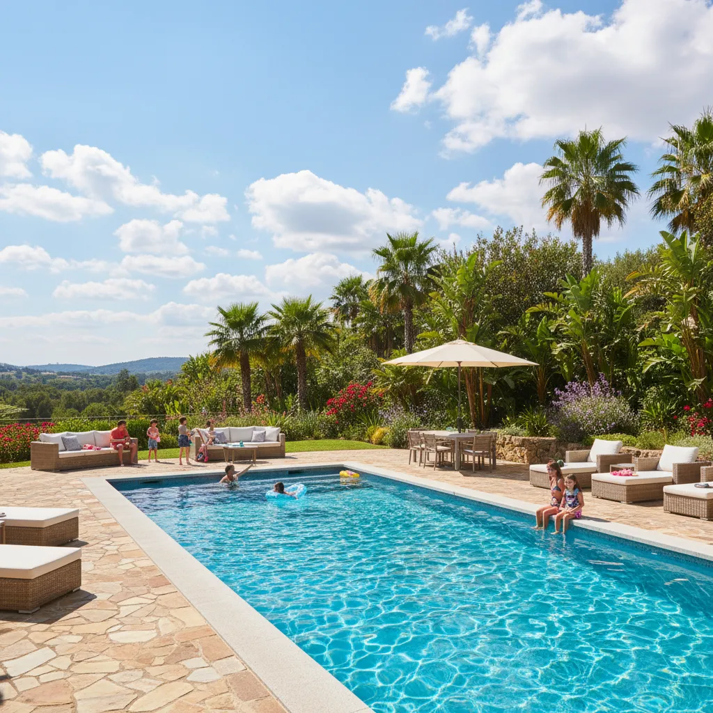Fertig gebauter Swimmingpool im Garten – Ergebnis der Poolbau Arbeitsschritte mit kristallklarem Wasser und Umrandung