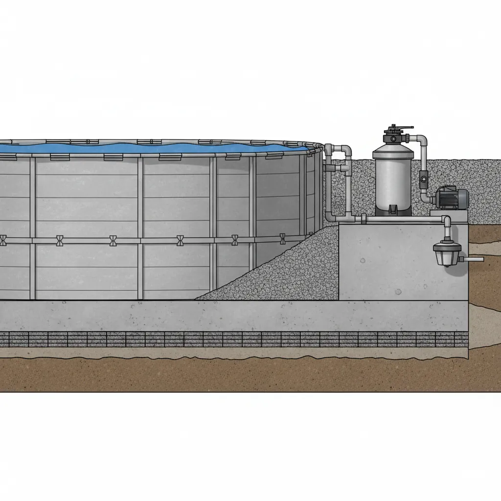 Schnittzeichnung des Poolaufbaus mit Fundament, Aushub und Filtertechnik zeigt die Komplexität und Kosten-Faktoren beim Poolbau