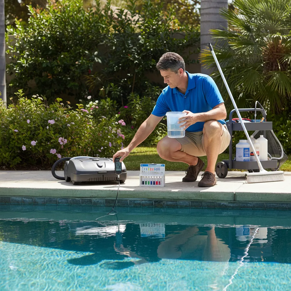 Wasserpflege: pH-Wert-Kontrolle mit digitalem Messgerät und Testkit – regelmäßige Wasseranalyse im Pool