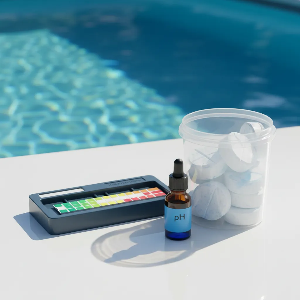 Pool-Testset und Chemikalien für Wasserpflege – zeigt die laufenden Kosten für Poolunterhalt