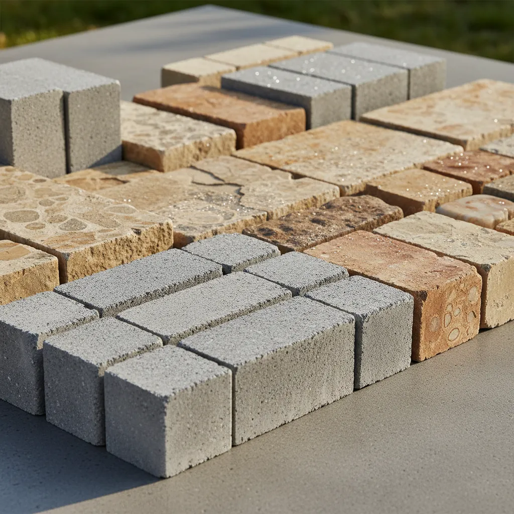 Verschiedene Arten von Randsteinen und Kantenstenen aus Beton und Naturstein nebeneinander zum Materialvergleich