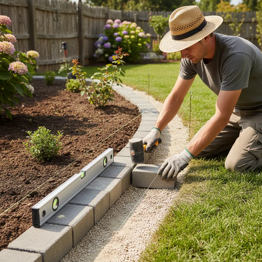 Handwerker beim fachgerechten Setzen von Randsteinen mit Gummihammer und Wasserwaage in Gartenbeet, zeigt die richtige Verlegetechnik
