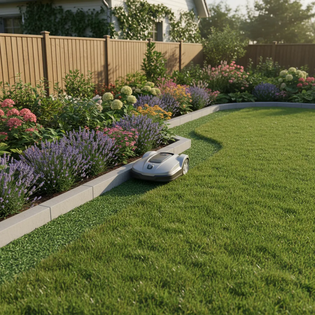 Fertig verlegte Rasenkantensteine schaffen saubere Mähkante und strukturieren Beete im Garten