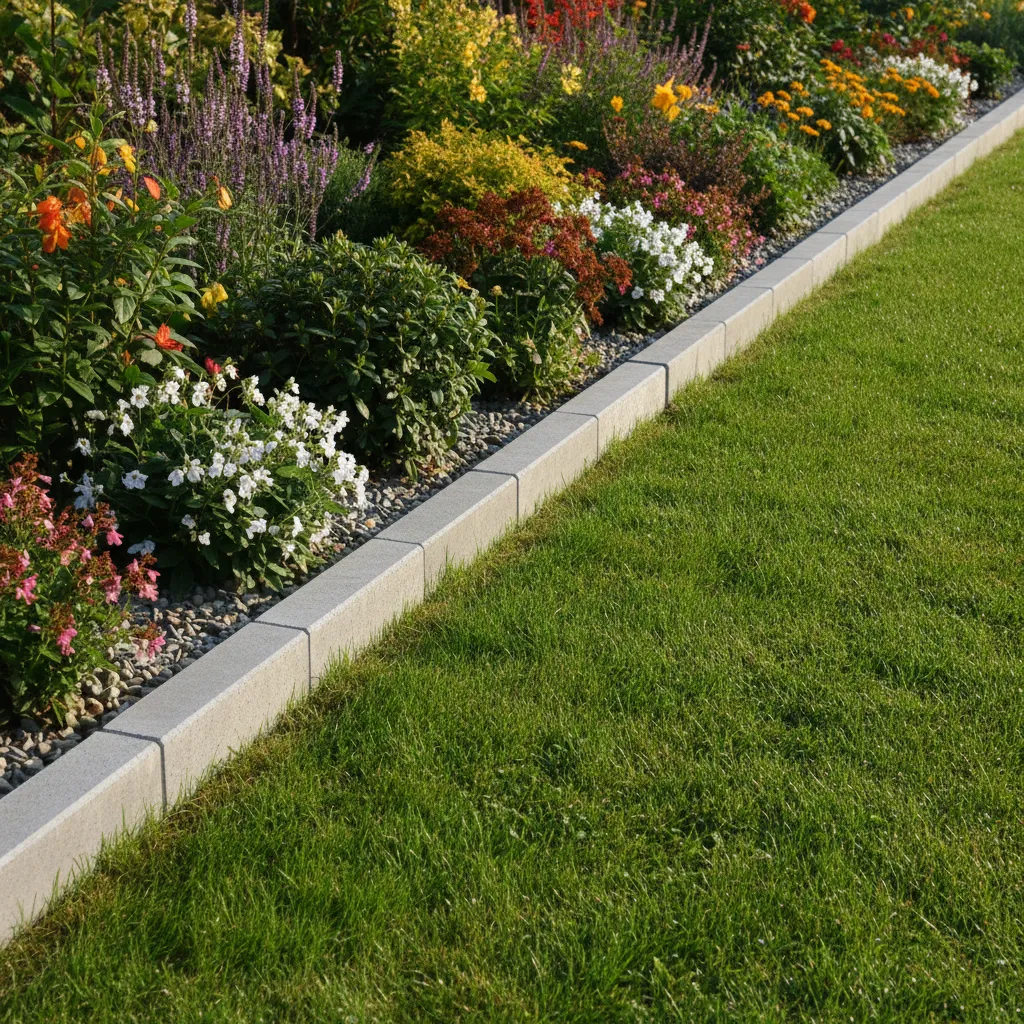 Detail von professionell verlegten Raskantensteinen aus Beton, die eine saubere Kante zwischen Rasen und Blumenbeet bilden