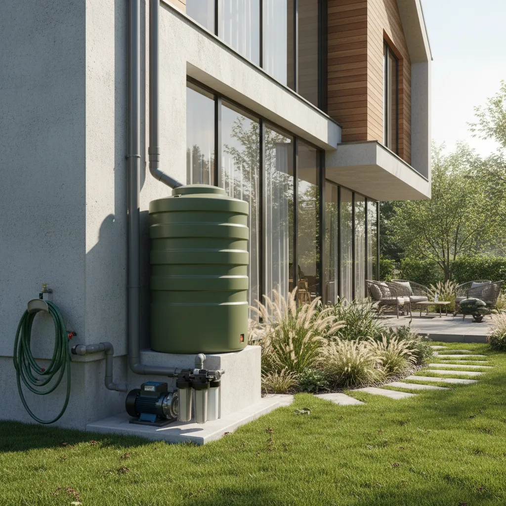 Oberirdischer Regenwassertank mit Pumpe und Filtration im Einsatz für Gartenbewässerung