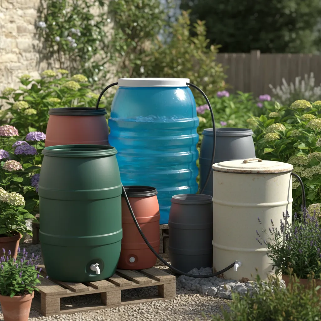 Verschiedene oberirdische Regenwassertanks aus Kunststoff und anderen Materialien in unterschiedlichen Größen für Garten und Balkon