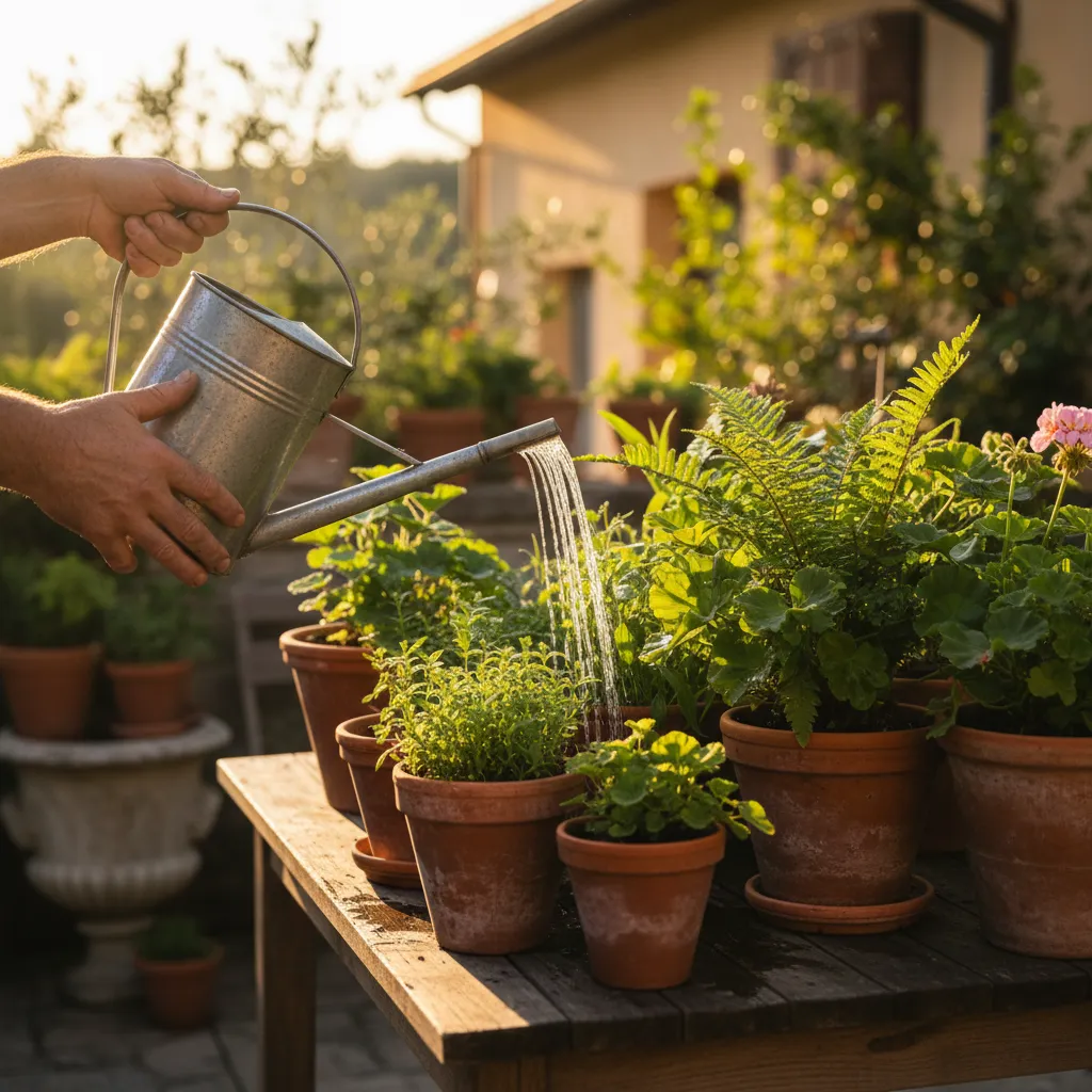 Gießkanne bewässert Kübelpflanzen auf sonniger Terrasse am Morgen – richtig gießen bei Hitze