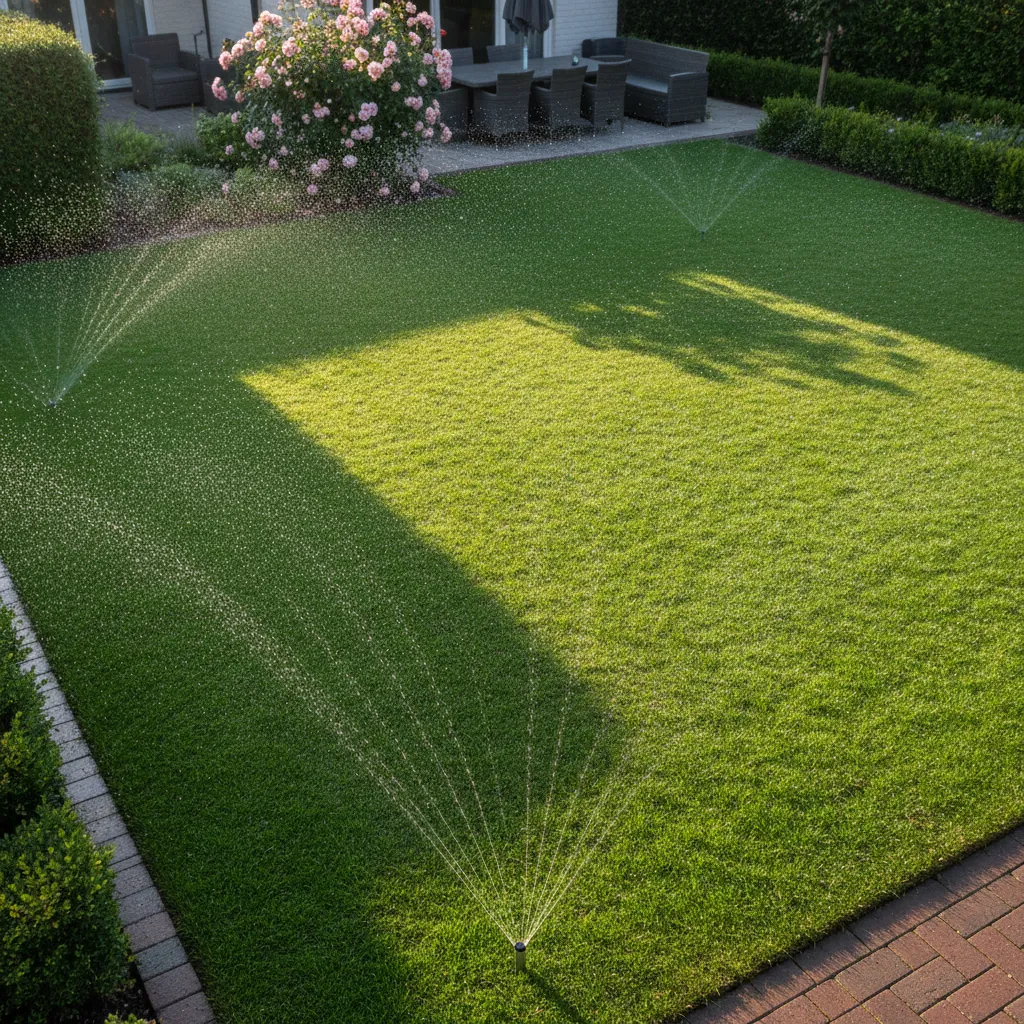 Optimale Rollrasen Bewässerung mit Sprinkleranlage: Gleichmäßige Wassergaben auf frisch verlegtem, grünem Rasen in der sensiblen Anwachsphase