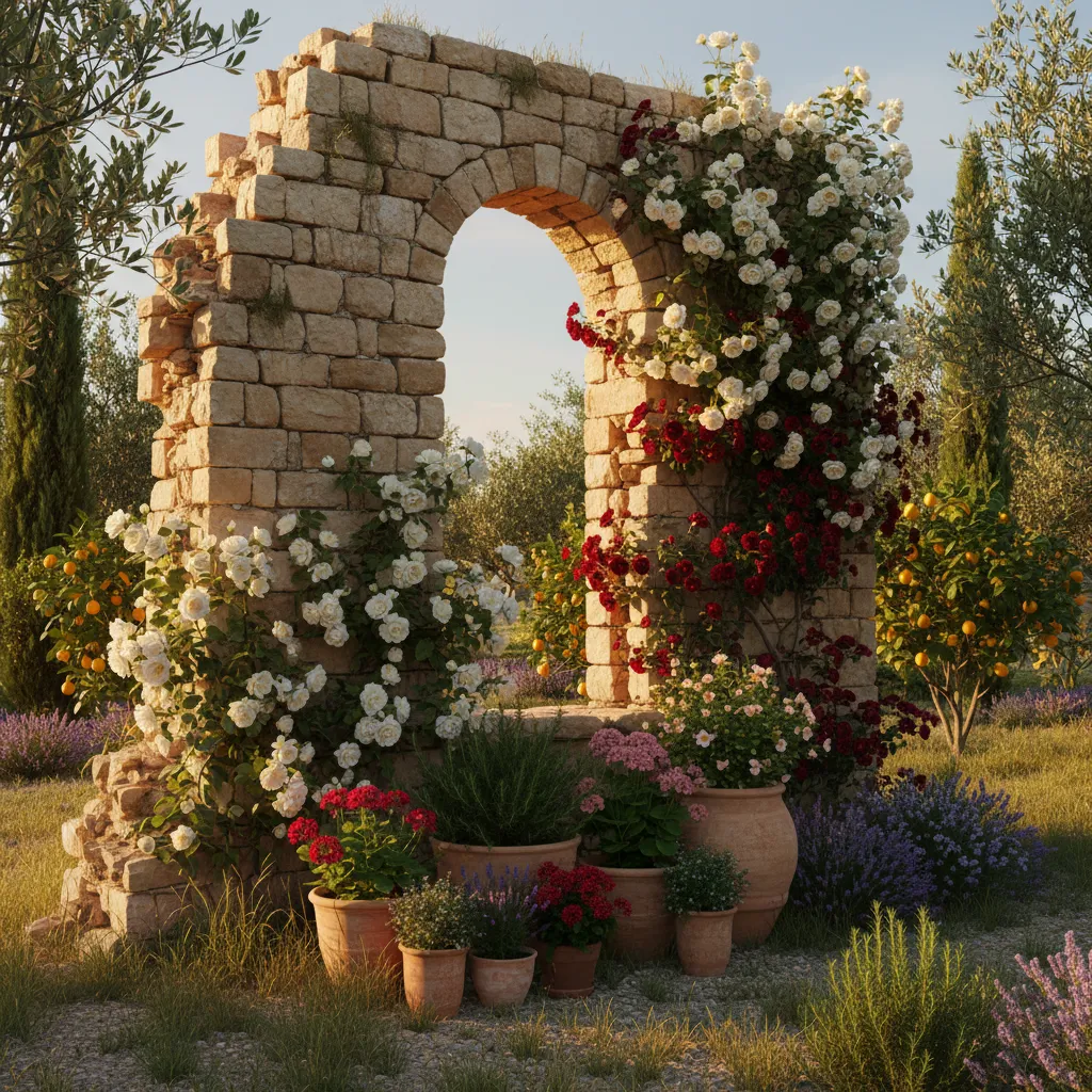 Mediterrane Ruinenmauer mit Fenster, Natursteinen und Kletterpflanzen im Garten