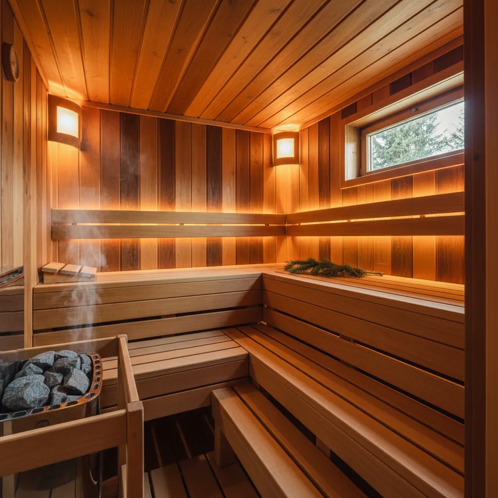 Saunaholz-Auswahl im fertigen Innenraum einer Wellnesssauna mit verschiedenen Holzarten