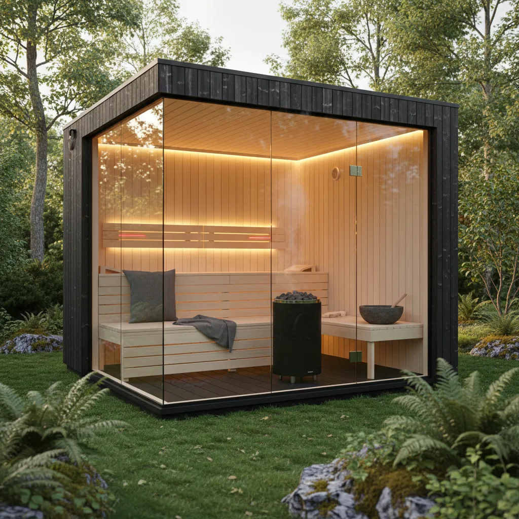 Moderner Elektro-Saunaofen in einer Gartensauna mit hellen Holzverkleidungen und professionellem Design