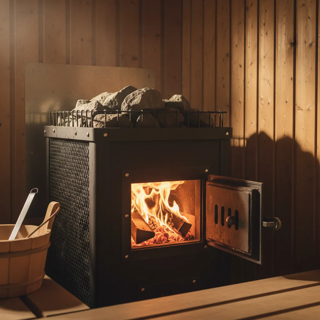Klassischer Holz-Saunaofen mit brennendem Feuer und authentischer finnischer Saunaatmosphäre