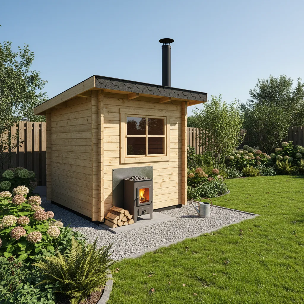 Gartensauna mit holzbefeuertem Saunaofen und Schornstein – komplette Außeninstallation mit Sicherheitsabständen