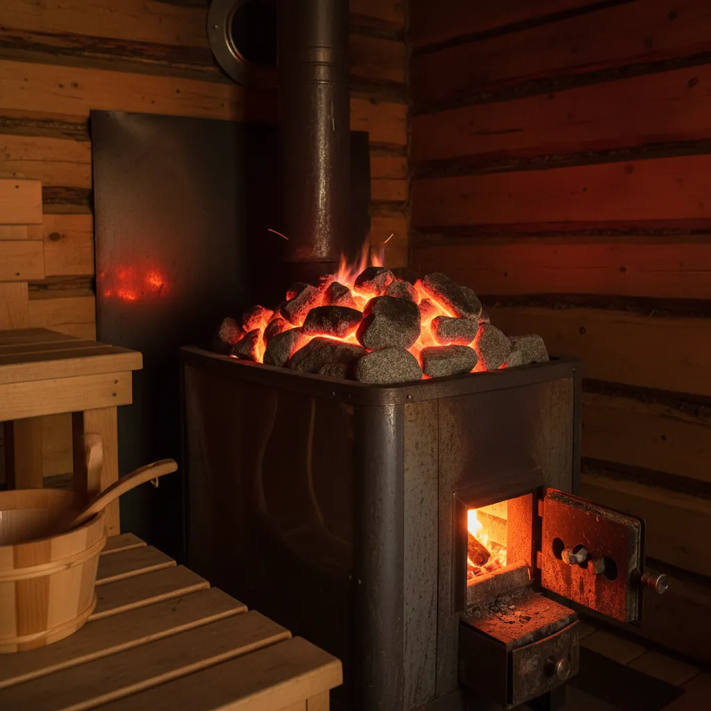 Holzbefeuerter Saunaofen mit Steinbett in der Saunakabine – authentische Wärmequelle mit Glut