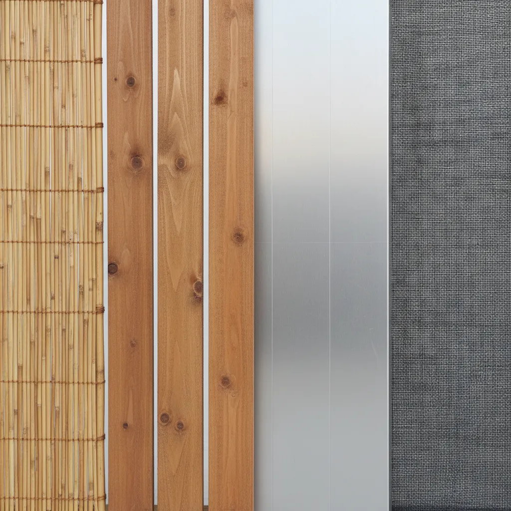 Vergleich verschiedener Sichtschutz-Materialien: Bambus, Holz, Aluminium und Markisenstoff nebeneinander