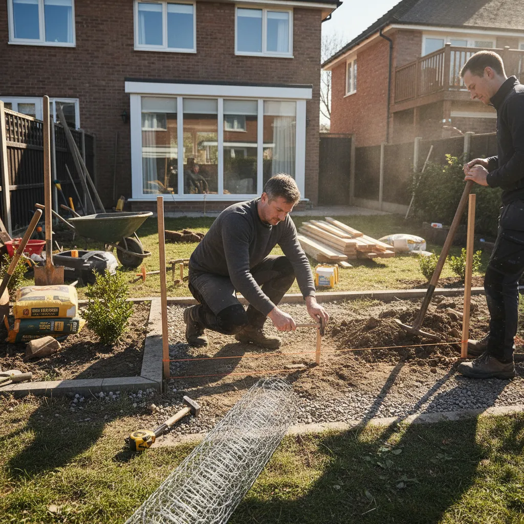 Professionelle Vorbereitung zur Sichtschutzzaun-Montage: Vermessung und Markierung der Zaun-Trasse im Garten