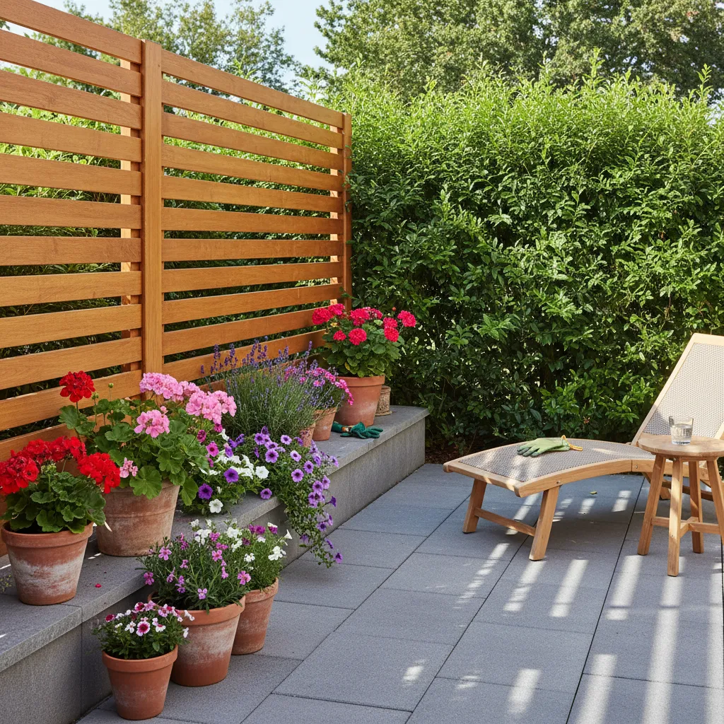 Moderne Terrasse mit Holz-Sichtschutz, bepflanzt mit winterharten Kübelpflanzen und grüner Hecke im Hintergrund
