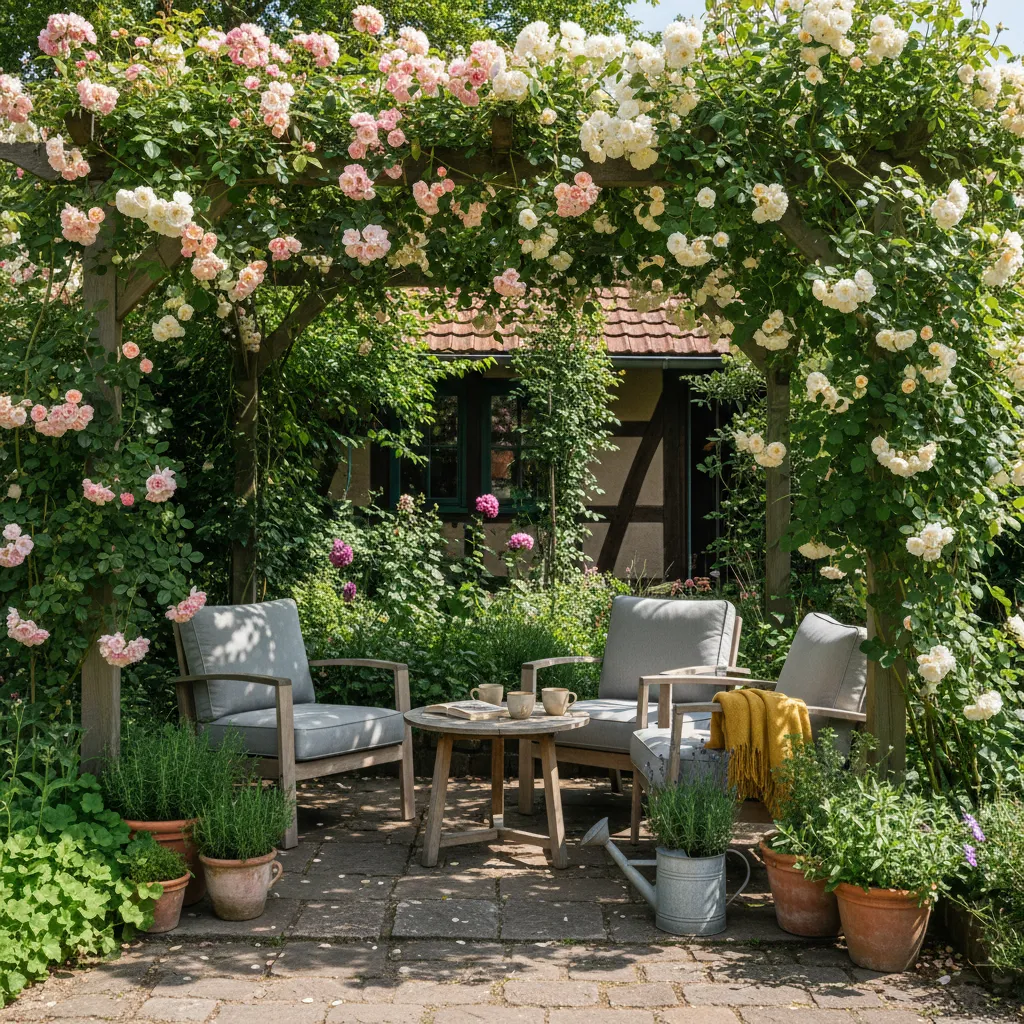 Gemütliche Terrasse mit Efeu und Kletterrosen am Spalier, natürliches Licht schafft schattige Zonen, grüner Sichtschutz