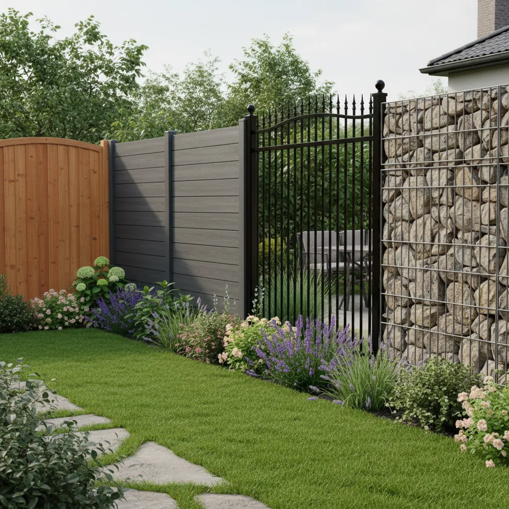 Vergleich verschiedener Sichtschutzzaun-Materialien – Holz, WPC, Aluminium und Gabionen in einem Garten nebeneinander dargestellt