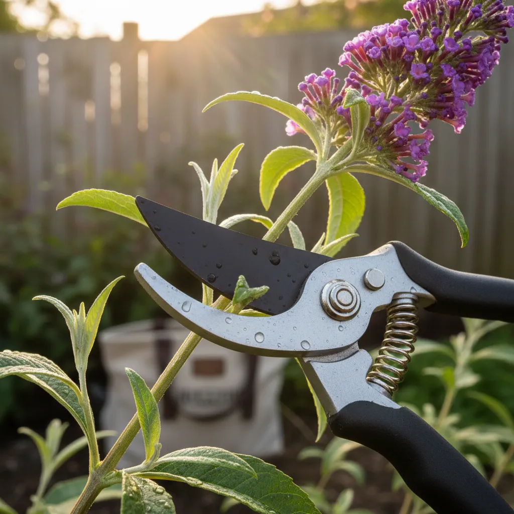 Fachgerechter Schnitt beim Sommerflieder mit scharfer Gartenschere direkt über einer Knospe im März