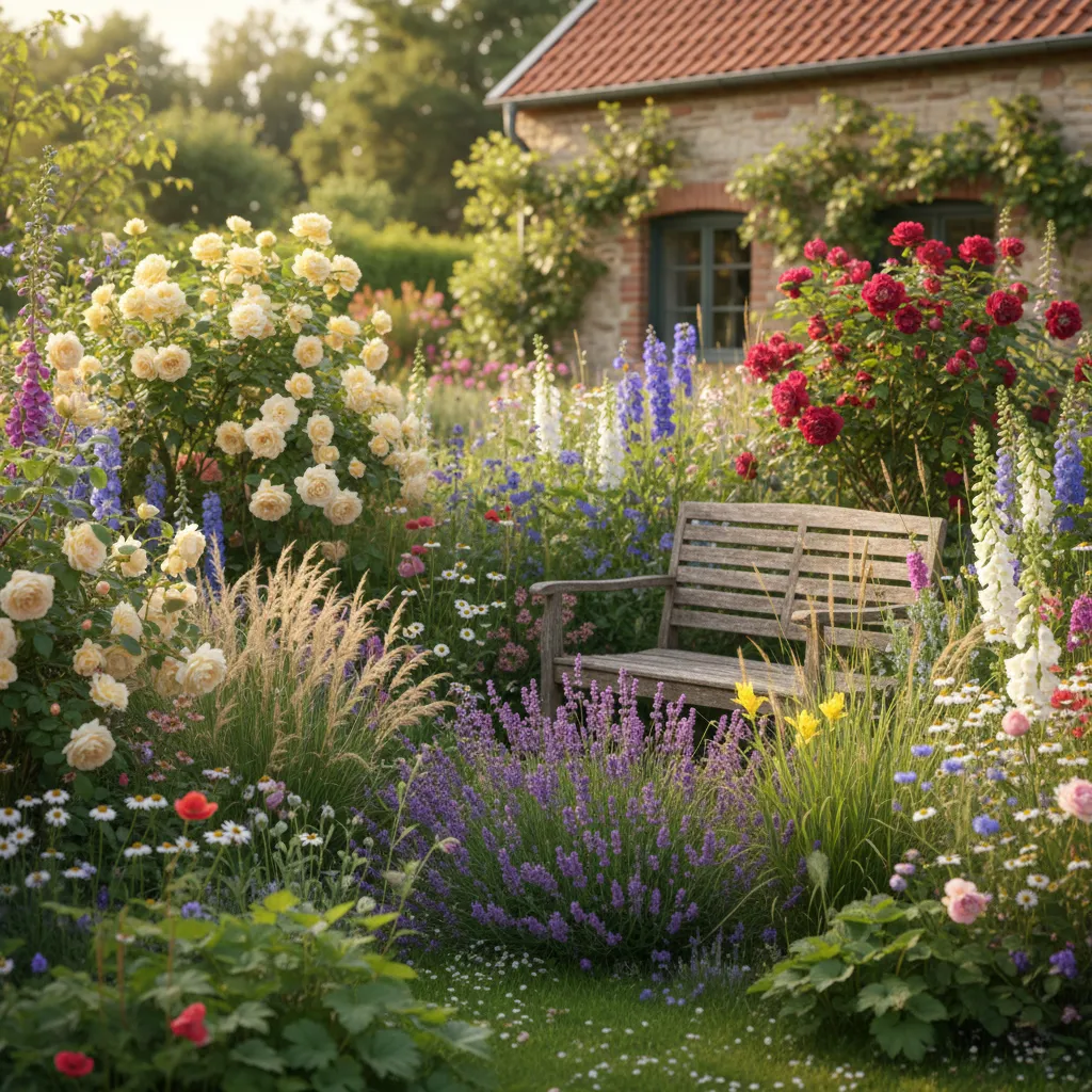 Üppiger Cottage Garten mit Rosen, Lavendel und Stauden als natürliche Alternative zum Steingarten