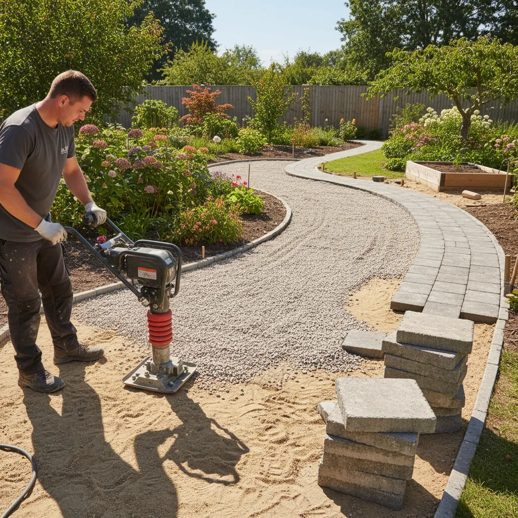 Schichtweise Verlegung eines Gartenwegs mit Kies, Splitt und Verdichtungsplatte zeigt die fachgerechte Anleitung