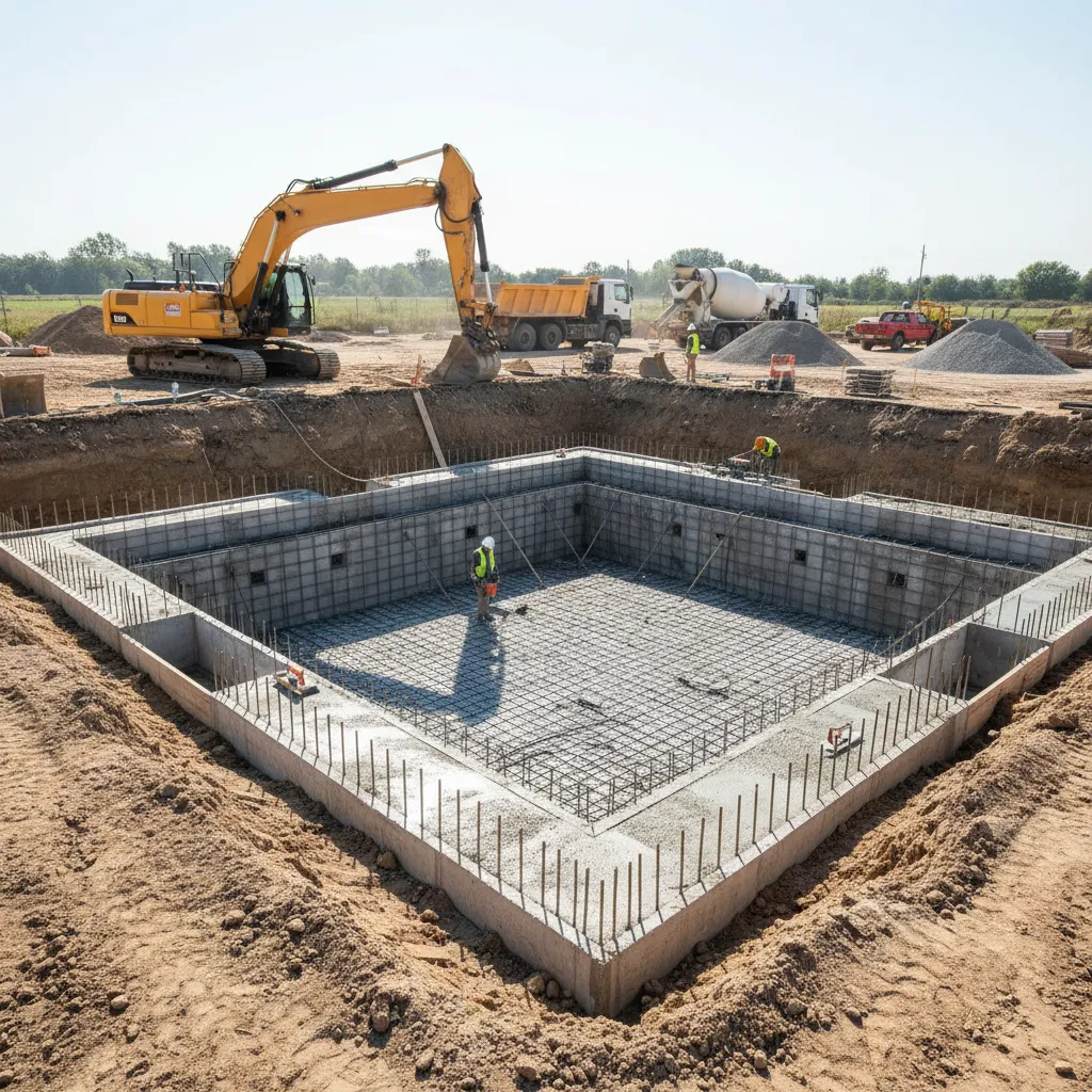 Baustelle eines Swimmingpools mit sichtbaren Betonarbeiten, Aushub und teilweise hochgezogenen Wänden während der Pool-Konstruktion