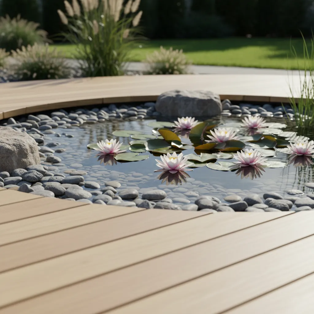 Kleiner Gartenteich mit Wasserlilien und Steinen – exemplarisch für kosteneffiziente Teichbau-Projekte