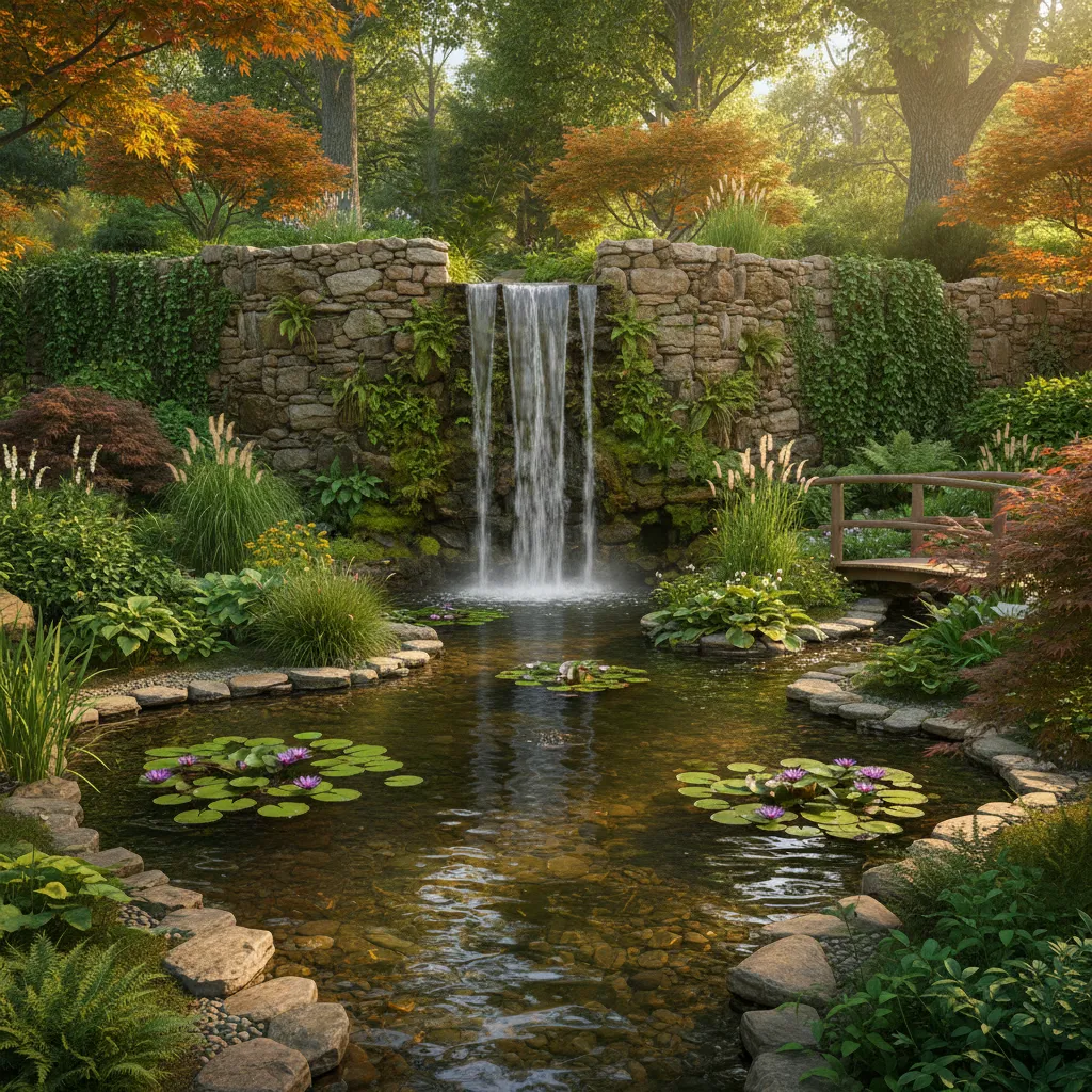 Gartenteich mit Bachlaufwasserfall über Steine und grüne Uferpflanzen