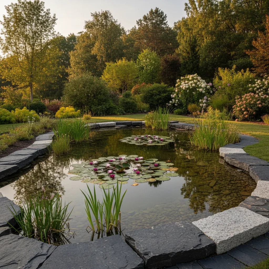 Gartenteich mit natürlicher Steinumrandung, Wasserpflanzen und klarem Wasser – ideales Ergebnis nach professionellem Teichbau